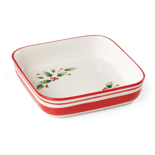 10.75" White and Red Holiday Handpaint Stripe Square Dish