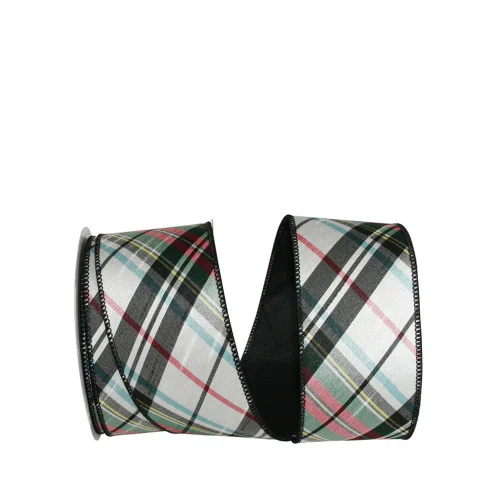 White and Black Plaid Arctic Diagonal Wired Edge Craft Ribbon 2.5"x 10 Yards