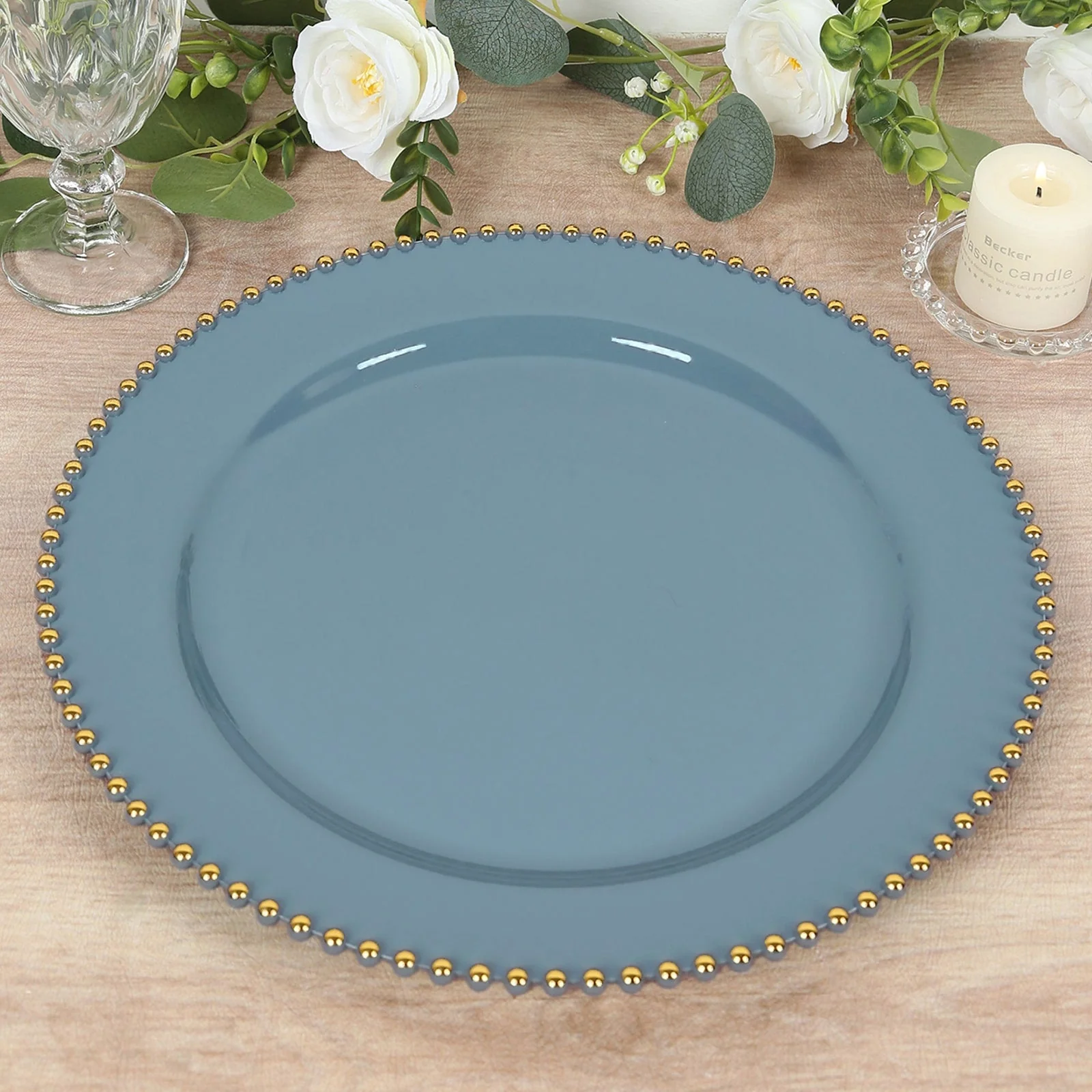 10-Pack Economy Plastic Charger Plates 13" Round Dusty Blue with Gold Beaded Rim - Stylish Dinner Party Serving Plates