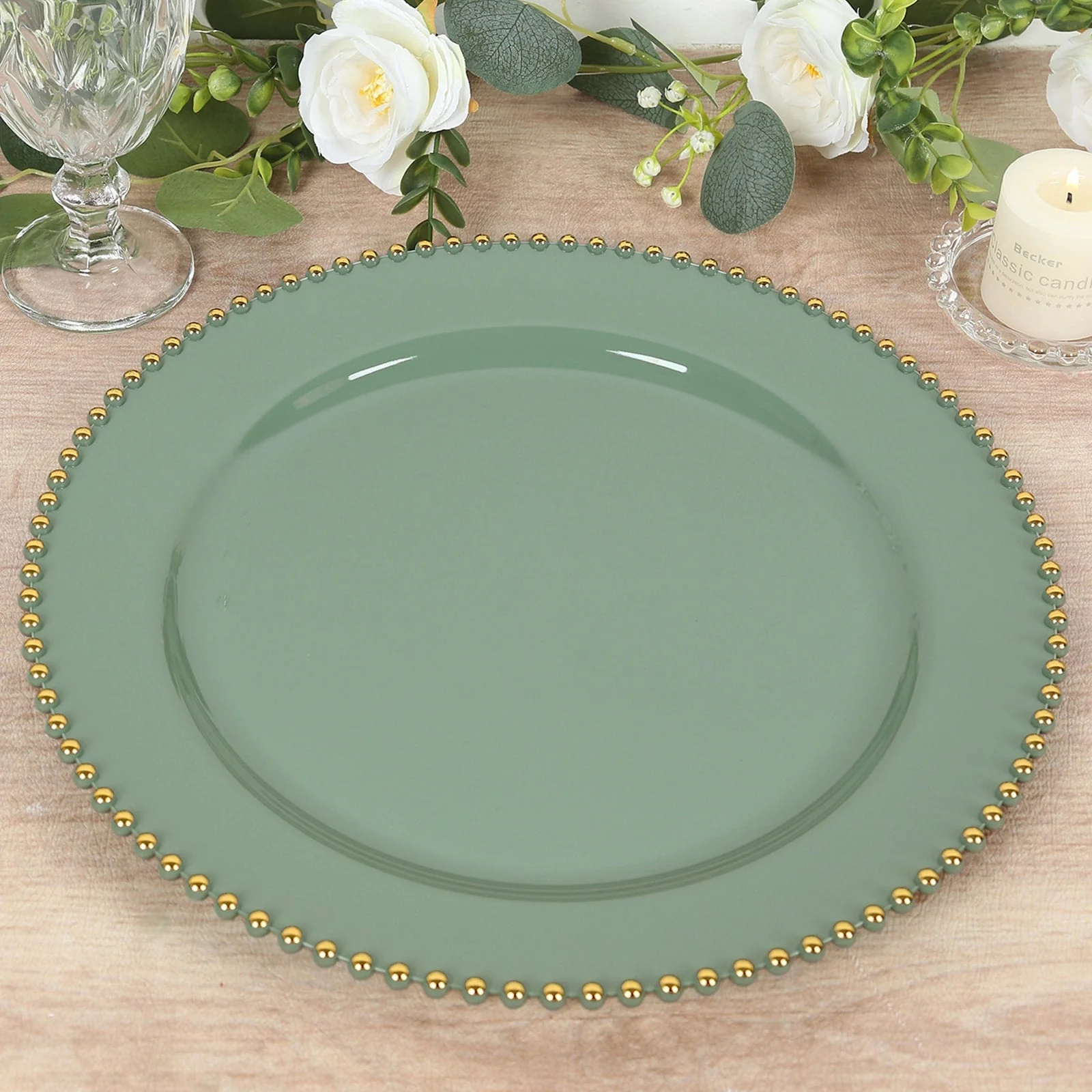 10-Pack Economy Plastic Charger Plates 13" Round Dusty Sage Green with Gold Beaded Rim - Stylish Dinner Party Serving Plates