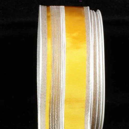 Yellow and White Striped French Wired Craft Ribbon 1.5" x 22 Yards