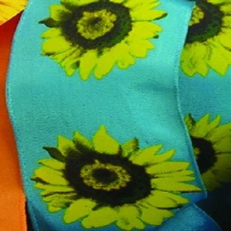 Yellow and Blue Sunflower Print Wired Craft Ribbon 2.5" x 27 Yards