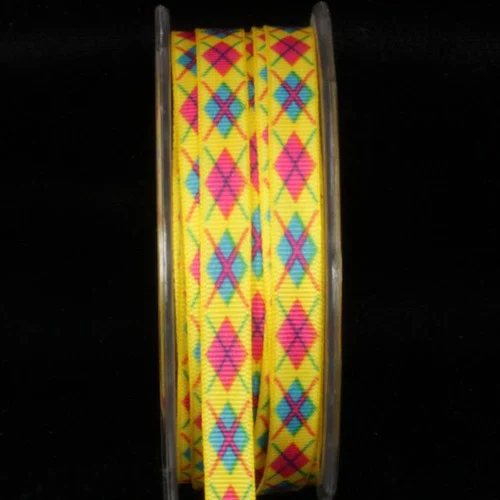 Yellow and Pink Argyle Wired Craft Ribbon 0.25" x 27 Yards