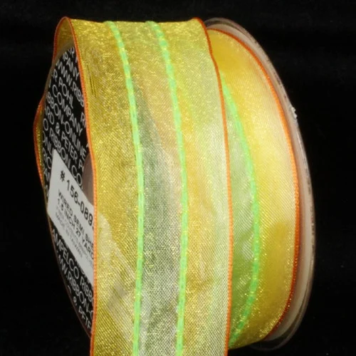 Yellow and Neon Green Striped Wired Craft Ribbon 1.5" x 54 Yards