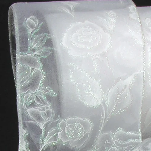 White Wedding Rose Wired Craft Ribbon 4" x 20 Yards