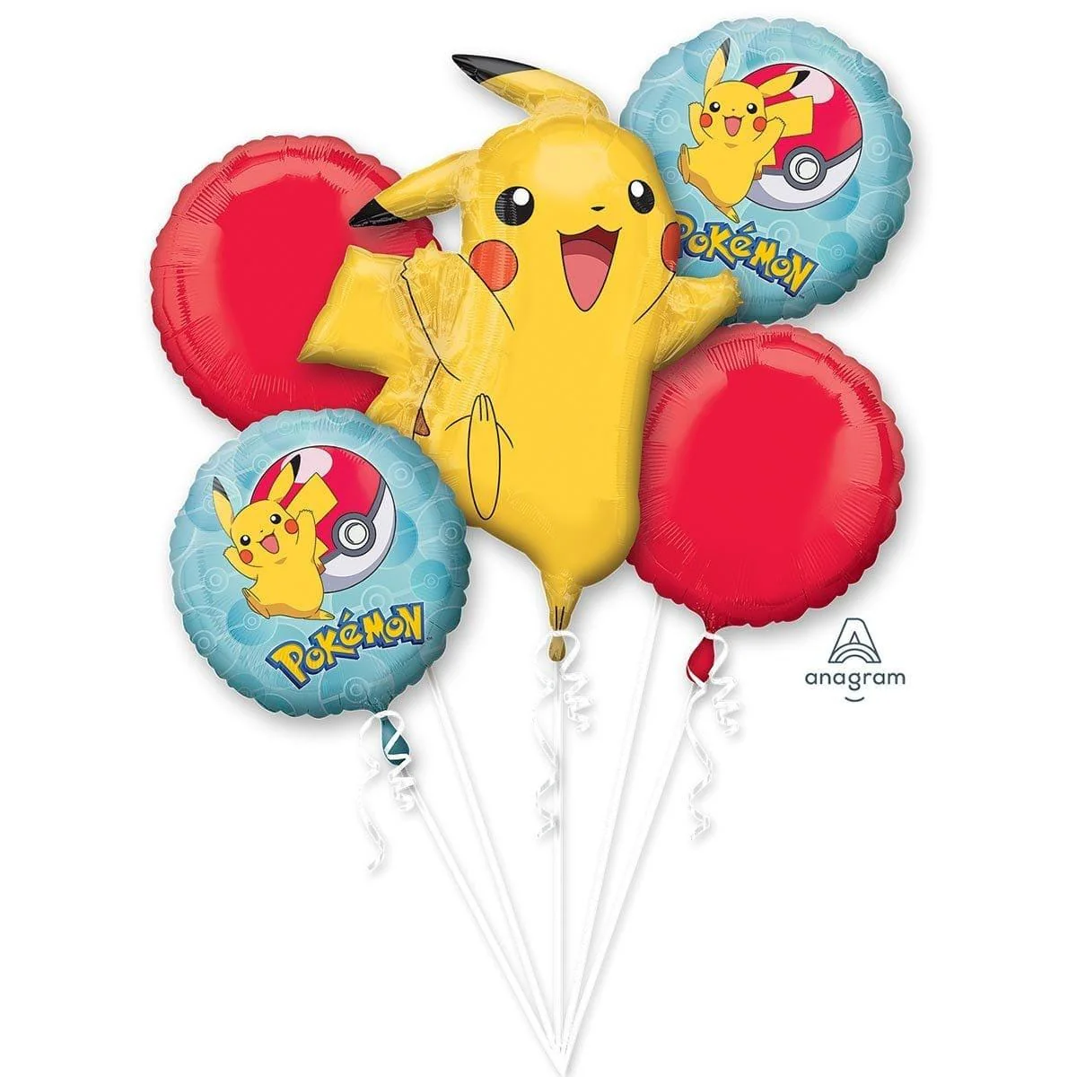 Pokémon Poké Ball and Pikachu Foil Balloon Bouquet, Helium Inflation not Included, 5 Count