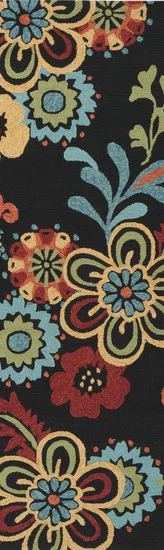 2.5' x 8' Funky Farm Flowers Black and Aqua Blue Area Throw Rug