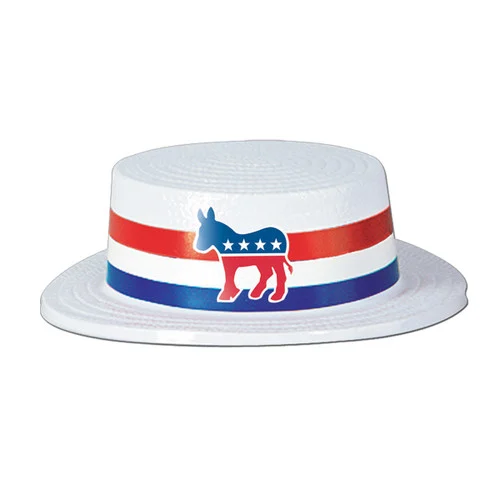 Club Pack of 24 White Skimmer with Democratic Band Party Hat - Adult One Size