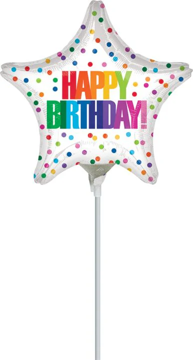 9" Air Filled - Happy Birthday Color Dots Star Shaped Balloon On A Stick