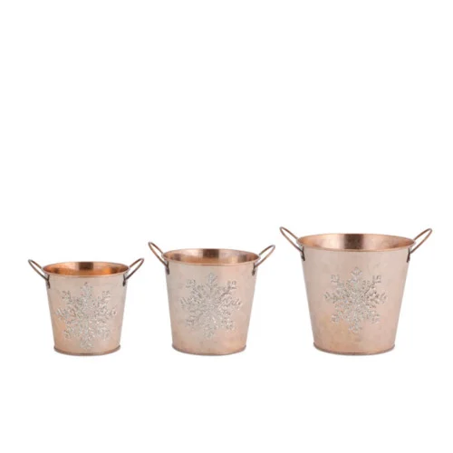 Set of 3 Gold Colored with Silver Glitter Snowflake Designs Christmas Buckets 6.75”
