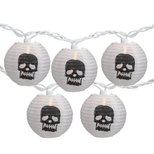 10-Count White and Black Skull Paper Lantern Halloween Lights, 8.5ft White Wire