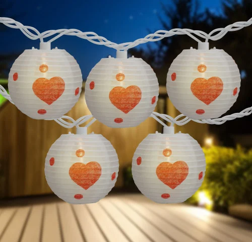 10-Count White and Red Heart Paper Lantern Valentine's Day Lights, 8.5ft White Wire