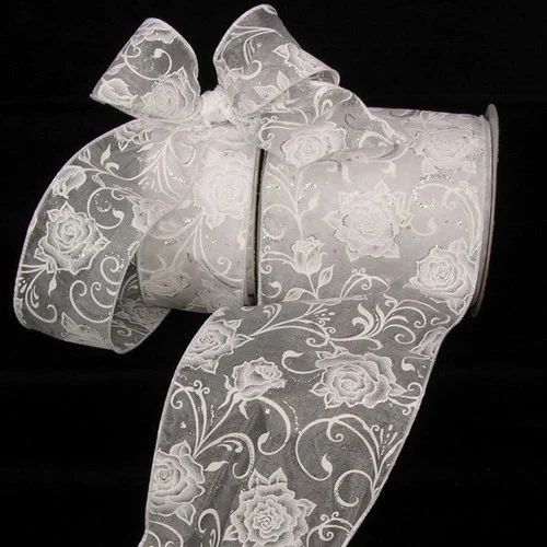 White Roses Sheer Wired Craft Ribbon 5" x 20 Yards