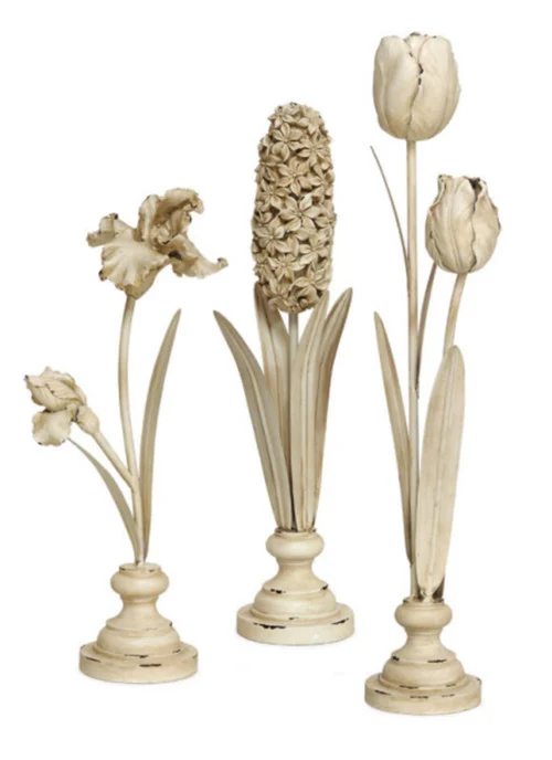 Set of 3 Ivory and Brown Tulip, Hyacinth and Iris Standing Flowers in Vases Tabletop Decor 22"