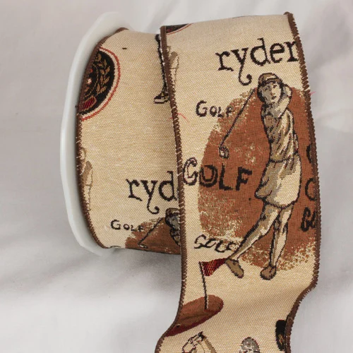 Beige and Brown Golf Tapestry Wired Craft Ribbon 3" x 9 Yards