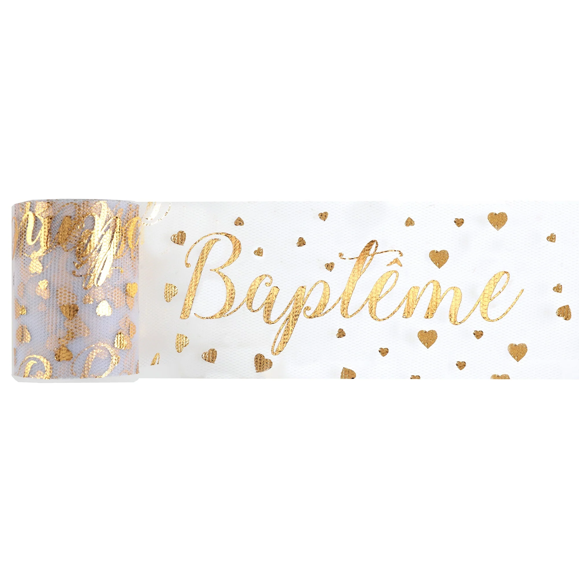 Baptism "Baptême"Tulle Ribbon, White and Gold, 393 Inches, 1 Count