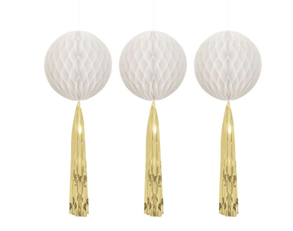 White Honeycomb Balls with Gold Foil Tassels3ct