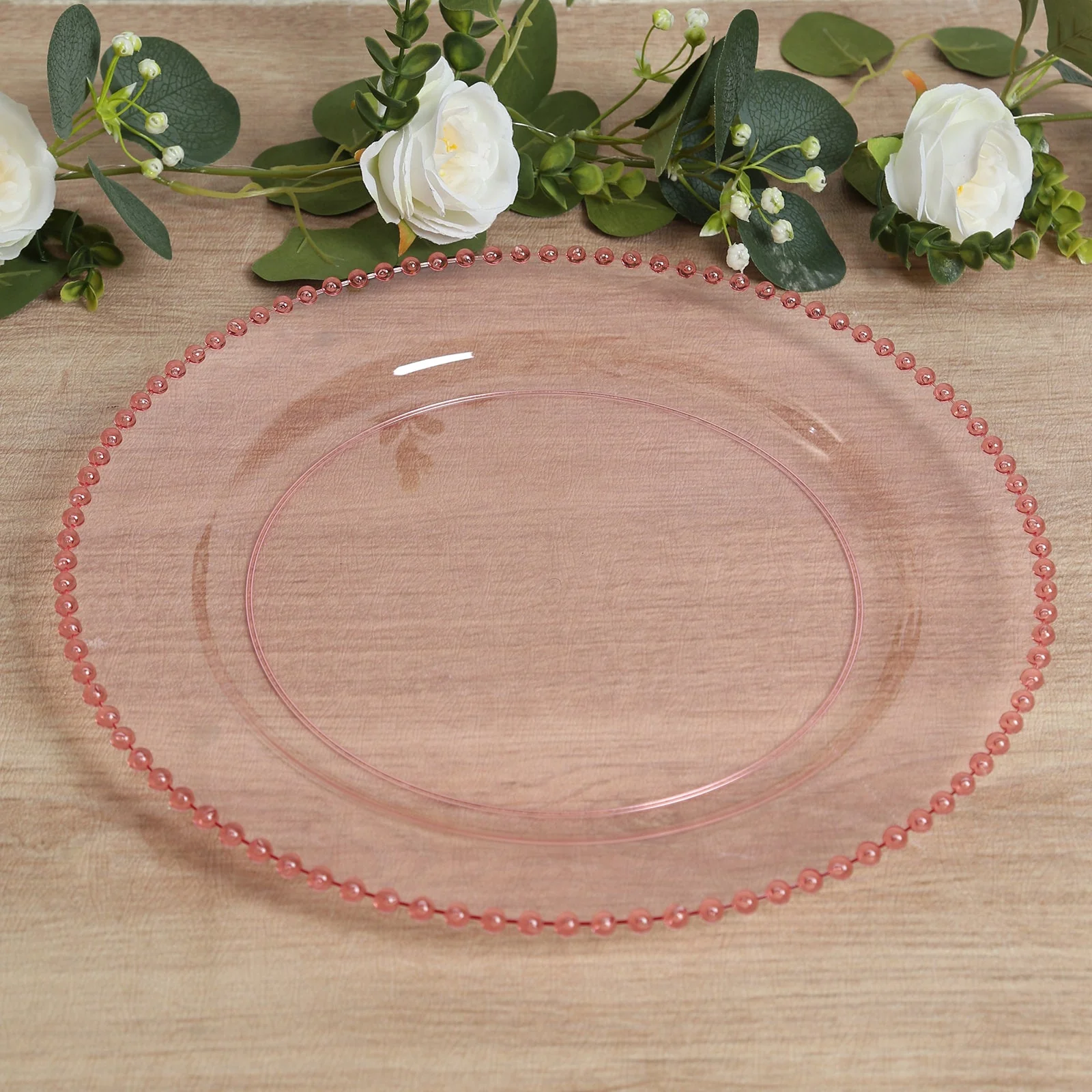 10-Pack Economy Plastic Charger Plates 13" Round Transparent Blush with Beaded Rim - Stylish Dinner Party Serving Plates