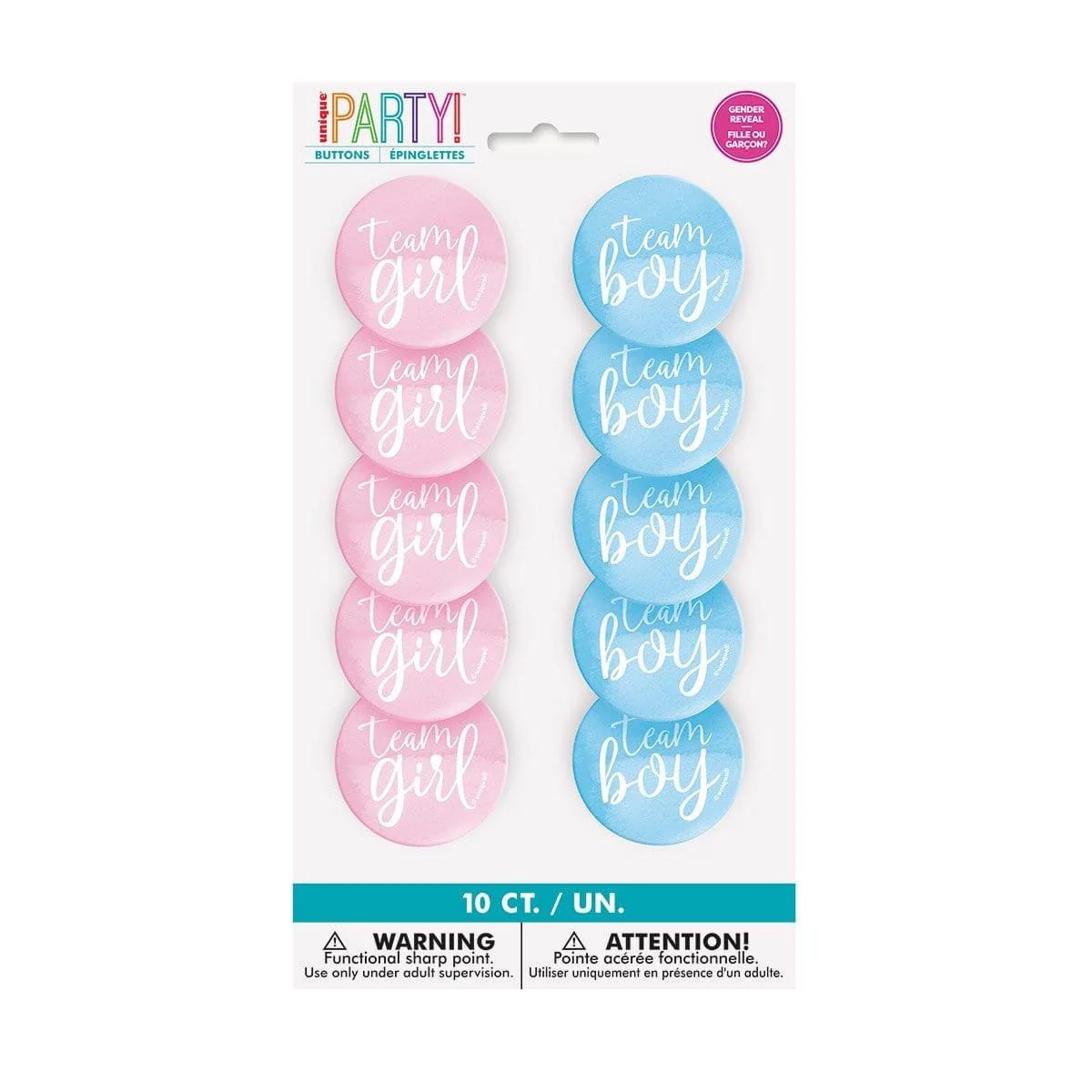 Team Boy / Team Girl Buttons, Gender Reveal Party, 10 Count