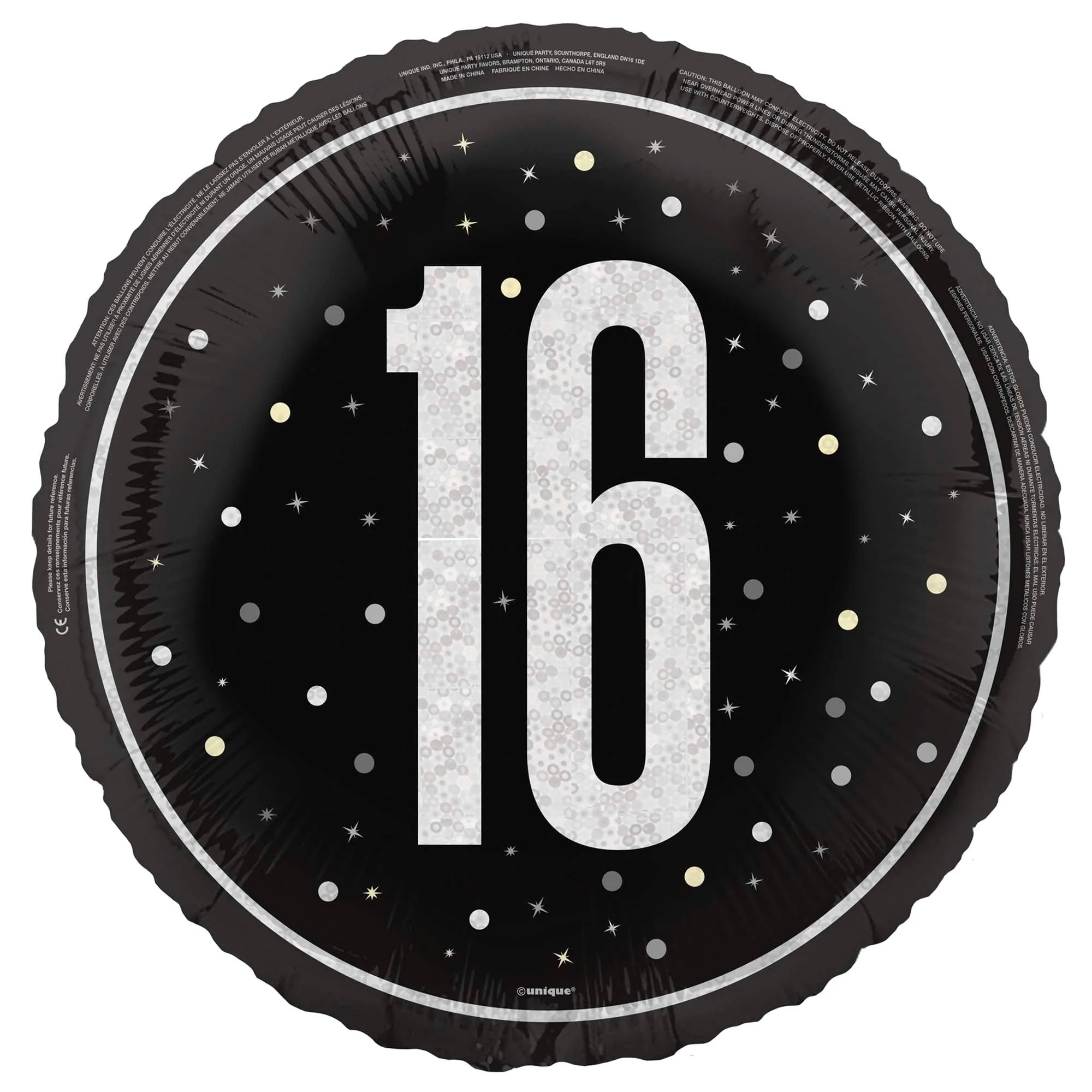 Black and Silver 16th Happy Birthday Foil Balloon, 18 Inches, 1 Count