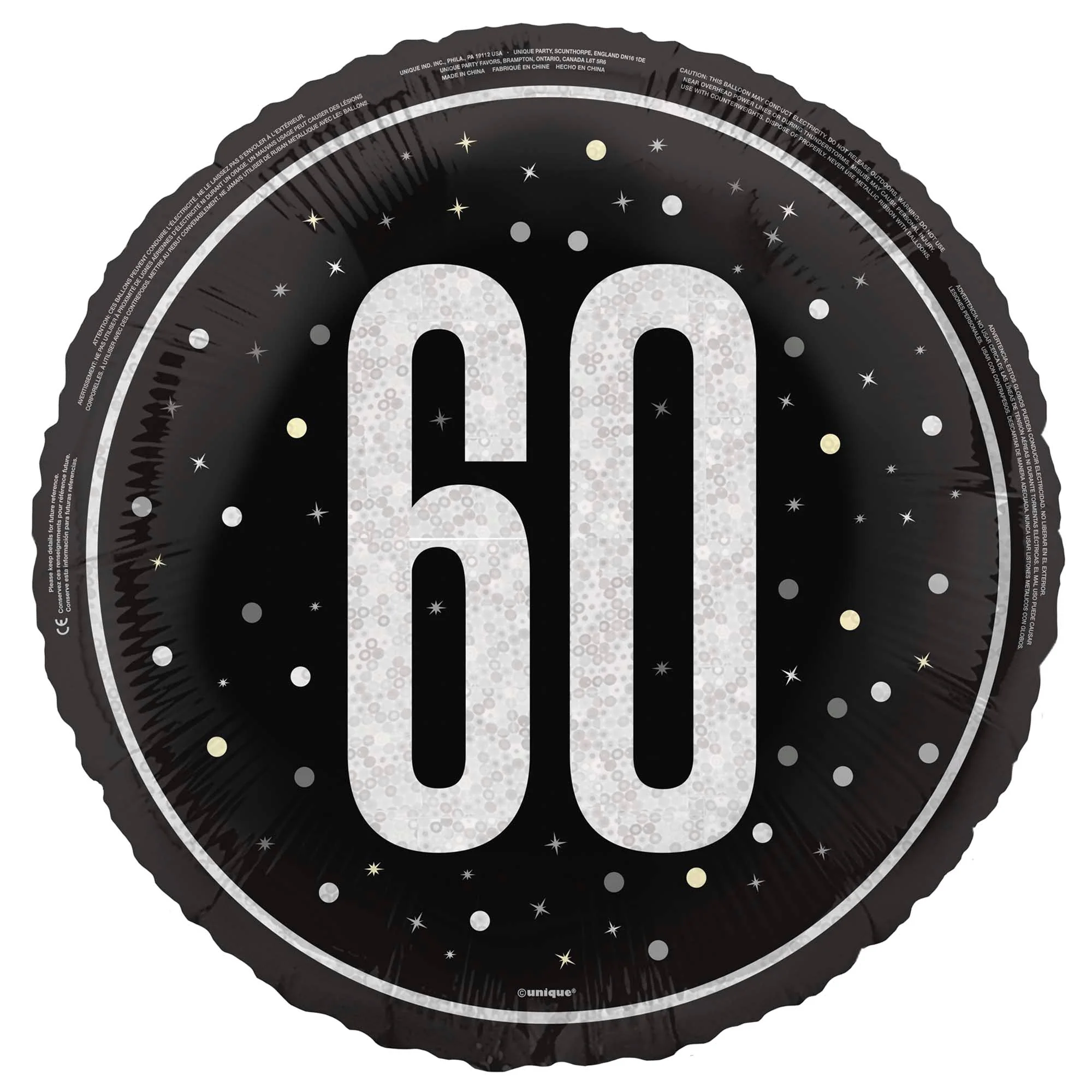 Black and Silver 60th Happy Birthday Foil Balloon, 18 Inches, 1 Count