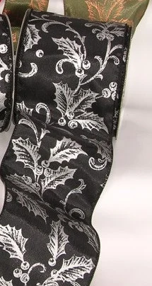 Black with Silver Poinsettia and Berry Print Wired Craft Ribbon 2" x 40 Yards