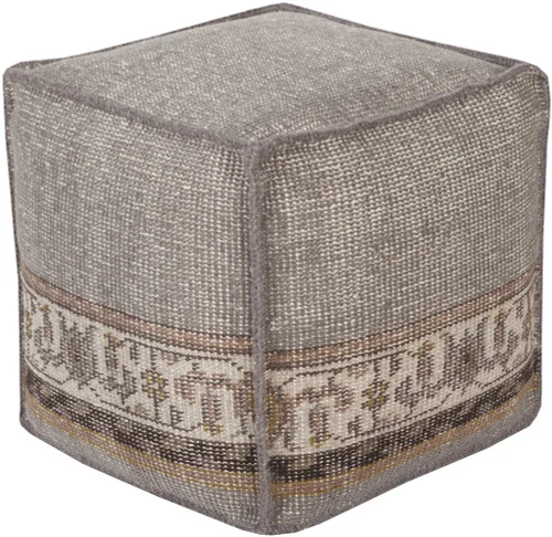 18" Silver Gray, Taupe Brown and Mustard Yellow Hand Knotted Wool Square Pouf Ottoman